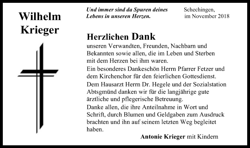  Traueranzeige für Wilhelm Krieger vom 03.11.2018 aus Gmünder Tagespost