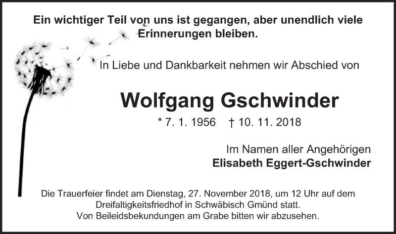  Traueranzeige für Wolfgang Gschwinder vom 23.11.2018 aus Schwäbische Post