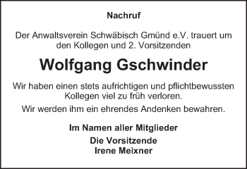 Traueranzeige von Wolfgang Gschwinder von Gmünder Tagespost