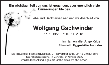 Traueranzeige von Wolfgang Gschwinder von Schwäbische Post