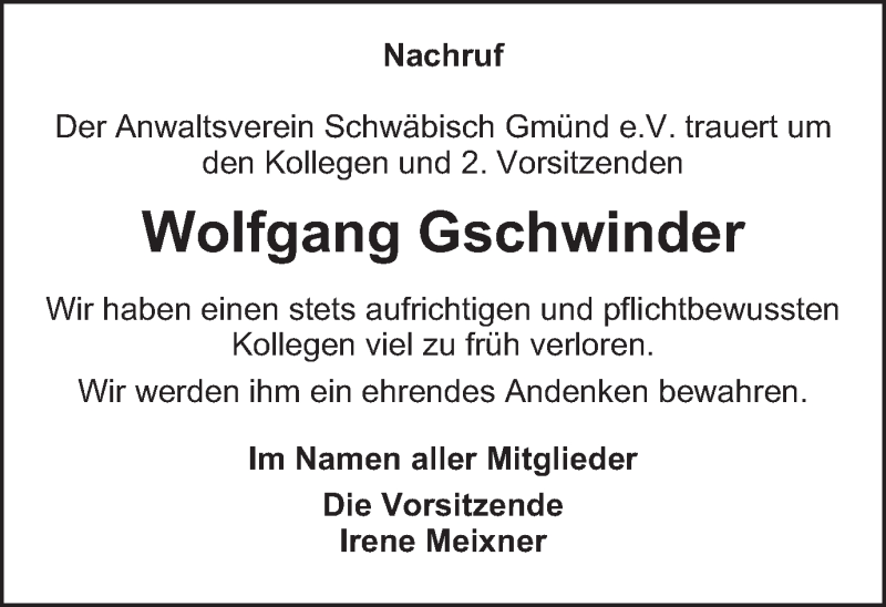  Traueranzeige für Wolfgang Gschwinder vom 24.11.2018 aus Gmünder Tagespost
