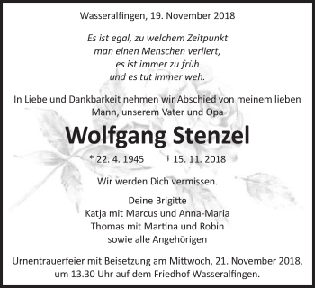 Traueranzeige von Wolfgang Stenzel von Schwäbische Post