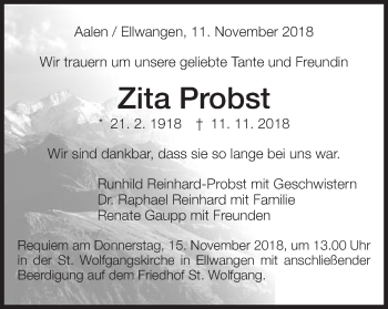 Traueranzeige von Zita Probst von Schwäbische Post