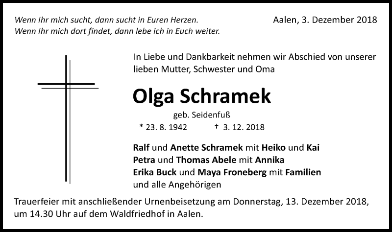  Traueranzeige für Olga Schramek vom 10.12.2018 aus Schwäbische Post