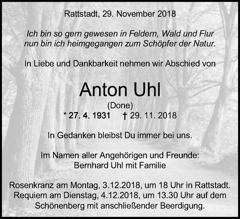 Traueranzeige für Anton Uhl  vom 01.12.2018 aus Schwäbische Post