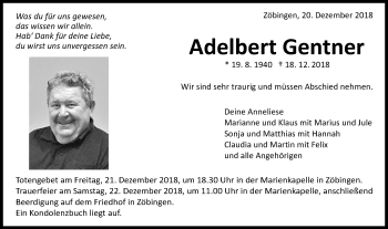Traueranzeige von Adelbert Gentner von Schwäbische Post