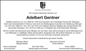 Traueranzeige von Adelbert Gentner von Schwäbische Post