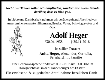 Traueranzeige von Adolf Heger von Schwäbische Post