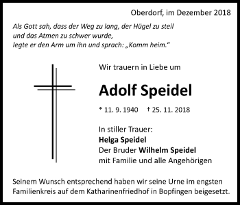 Traueranzeige von Adolf Speidel von Schwäbische Post