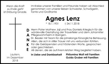 Traueranzeige von Agnes Lenz von Gmünder Tagespost