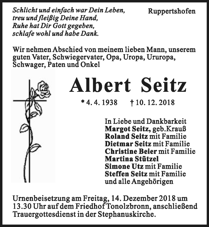  Traueranzeige für Albert Seitz vom 12.12.2018 aus Gmünder Tagespost