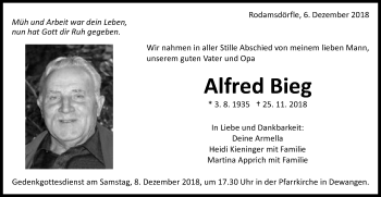 Traueranzeige von Alfred Bieg von Schwäbische Post