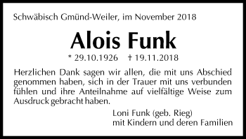 Traueranzeige von Alois Funk von Gmünder Tagespost