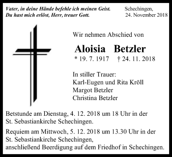 Traueranzeige von Aloisia Betzler von Gmünder Tagespost