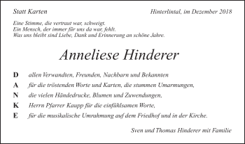 Traueranzeige von Anneliese Hinderer von Gmünder Tagespost
