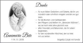 Traueranzeige von Annemarie Bär von Bopfinger Stadtanzeiger