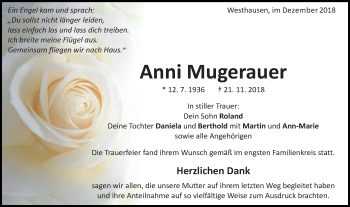 Traueranzeige von Anni Mugerauer von Schwäbische Post