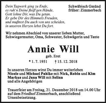 Traueranzeige von Annie Will von Gmünder Tagespost