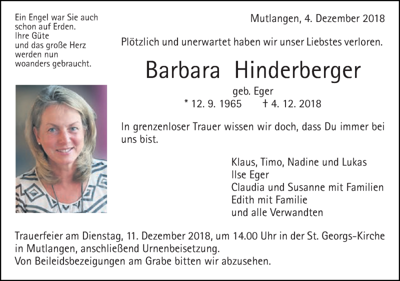  Traueranzeige für Barbara Hinderberger vom 08.12.2018 aus Gmünder Tagespost