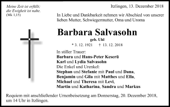 Traueranzeige von Barbara Salvasohn von Schwäbische Post