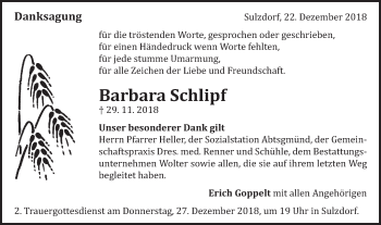 Traueranzeige von Barbara Schlipf von Schwäbische Post