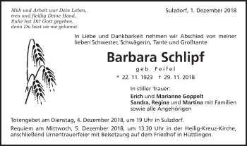 Traueranzeige von Barbara Schlipf von Schwäbische Post