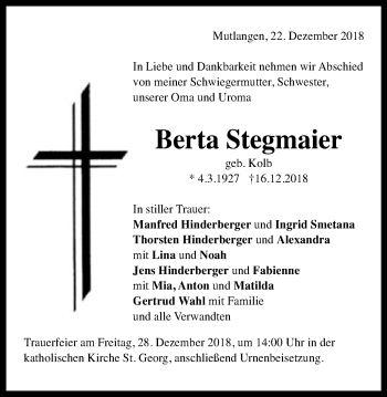 Traueranzeige von Berta Stegmaier von Gmünder Tagespost