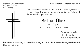 Traueranzeige von Betha Oker von Gmünder Tagespost