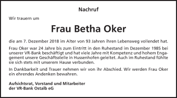 Traueranzeige von Betha Oker von Gmünder Tagespost