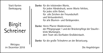 Traueranzeige von Birgit Schreiner von Gmünder Tagespost