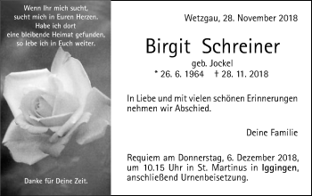 Traueranzeige von Birgit Schreiner von Gmünder Tagespost