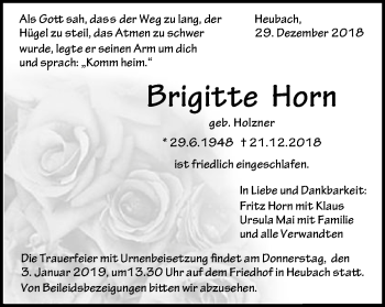 Traueranzeige von Brigitte Horn von Gmünder Tagespost