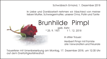 Traueranzeige von Brunhilde Pimpl von Gmünder Tagespost