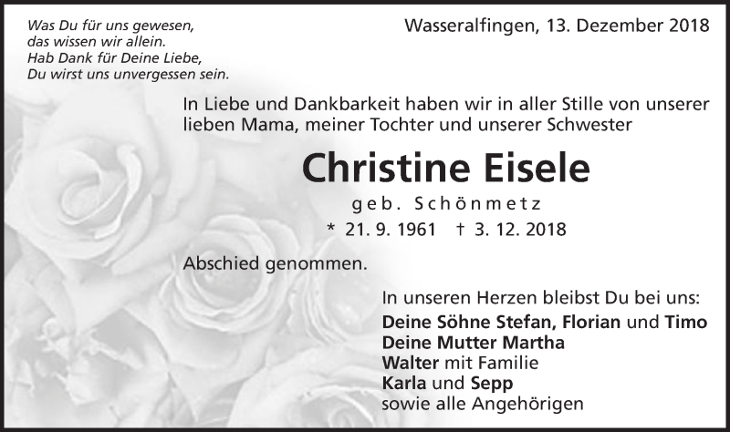  Traueranzeige für Christine Eisele vom 13.12.2018 aus Schwäbische Post