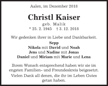 Traueranzeige von Christl Kaiser von Schwäbische Post