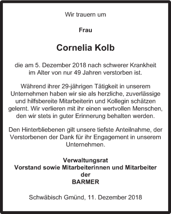 Traueranzeige von Cornelia Kolb von Gmünder Tagespost