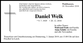 Traueranzeige von Daniel Welk von Gmünder Tagespost