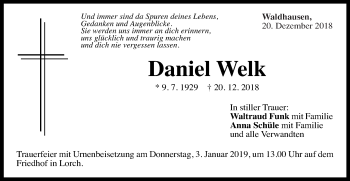 Traueranzeige von Daniel Welk