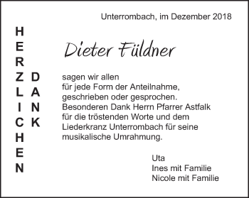 Traueranzeige von Dieter Füldner von Schwäbische Post