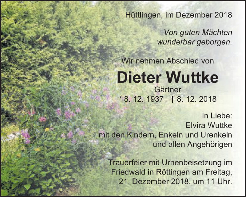  Traueranzeige für Dieter Wuttke vom 12.12.2018 aus Schwäbische Post