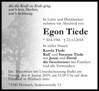 Traueranzeige von Egon Tiede von Gmünder Tagespost