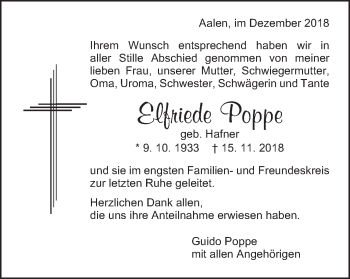 Traueranzeige von Elfriede Poppe von Schwäbische Post