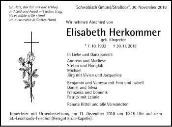 Traueranzeige von Elisabeth Herkommer von Gmünder Tagespost