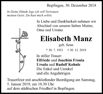 Traueranzeige von Elisabeth Manz von Schwäbische Post