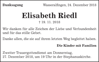 Traueranzeige von Elisabeth Riedl von Schwäbische Post