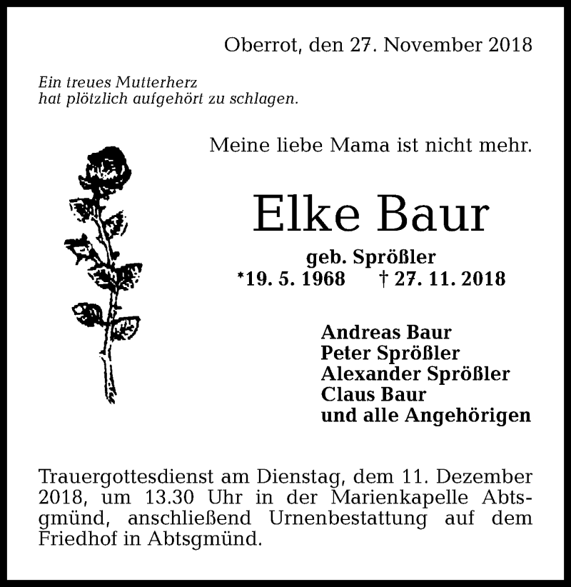  Traueranzeige für Elke Baur vom 08.12.2018 aus Schwäbische Post