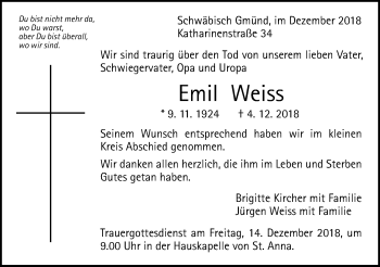 Traueranzeige von Emil Weiss von Gmünder Tagespost