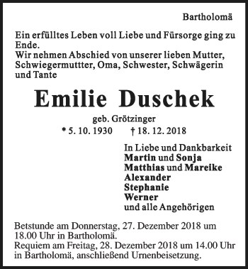 Traueranzeige von Emilie Duschek von Gmünder Tagespost
