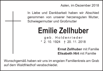 Traueranzeige von Emilie Zellhuber von Schwäbische Post