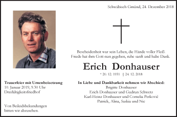 Traueranzeige von Erich Donhauser von Gmünder Tagespost